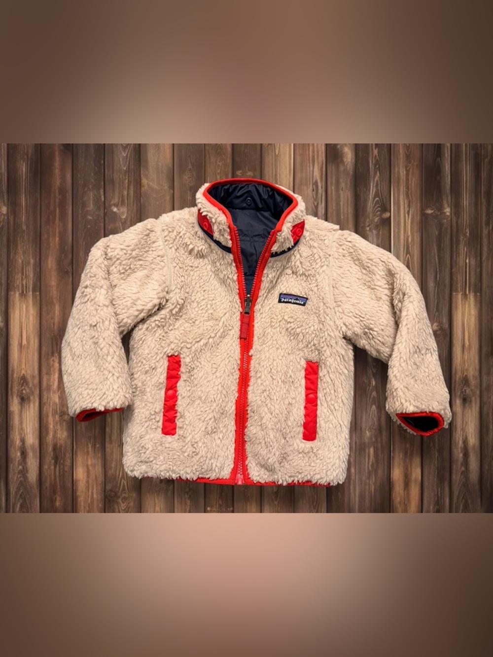 Patagonia Kids Reversible Cream/Navy Sherpa Jacket with Red Trim w hood